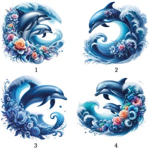 Peut inclure: Quatre illustrations numériques de dauphins nageant dans les vagues de l'océan, entourés de fleurs. Chaque image présente une composition différente de dauphins et d'arrangements floraux dans des tons de bleu, de rose et d'orange.