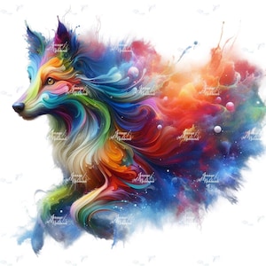 Puede incluir: Una vibrante ilustración colorida de un perro de perfil, renderizada en un estilo abstracto y arremolinado. El pelaje del perro es una mezcla de tonos arcoíris, con azules, verdes, amarillos, naranjas y rojos. El fondo es blanco.