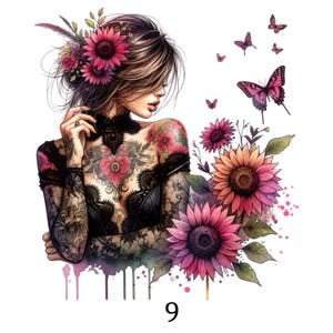 Puede incluir: Ilustración a la acuarela de una mujer con tatuajes florales, que lleva un top de encaje negro y adornada con flores en el pelo. Mariposas rosas y girasoles también aparecen en la obra de arte. El número "9" está en la parte inferior.
