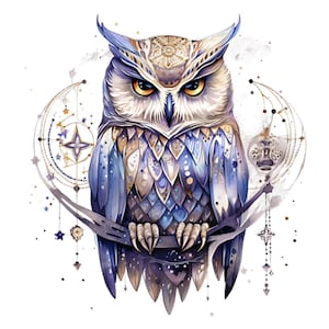May include: Watercolor illustration of an owl with intricate details. The owl features a blue, white, and gold color palette, with a decorative headpiece and patterned feathers. It is perched on a branch, with celestial elements in the background.