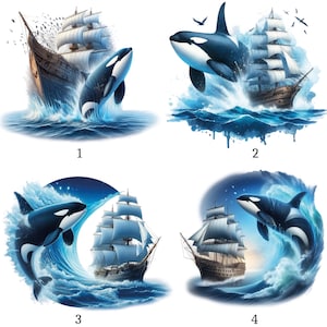 Könnte beinhalten: Vier digitale Illustrationen eines Schiffes und Orca-Walen in einer Meeresumgebung. Die Wale sind schwarz und weiß, und die Schiffe sind braun mit weißen Segeln. Der Hintergrund ist ein blauer Himmel und ein Ozean.