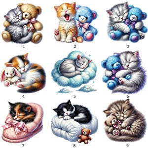 Peut inclure: Neuf illustrations numériques de chatons et d'ours en peluche. Les chatons sont dans diverses poses, certains câlinant des ours en peluche, d'autres dormant sur des nuages ou dans des chaussons. La palette de couleurs comprend des pastels doux et des teintes vives.