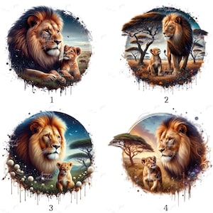 Könnte beinhalten: Vier digitale Kunstdrucke mit Löwen. Jeder Druck zeigt einen Löwen und ein Junges in einer Savannenlandschaft. Die Löwen haben goldene Mähnen und die Jungen haben braunes Fell. Die Hintergründe zeigen Bäume und einen Sonnenuntergang.