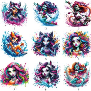 Könnte beinhalten: Neun farbenfrohe Illustrationen von stilisierten Monster-Mädchen mit leuchtenden Haaren und Make-up, umgeben von Wasserspritzern und Farbe. Jede Figur hat einzigartige Merkmale, darunter Katzenohren, Krallen und Kronen, in verschiedenen Posen und Outfits.