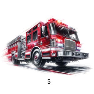 Könnte beinhalten: Illustration eines roten Feuerwehrautos mit weißen Akzenten und einer Leiter. Die Zahl 5 ist unten in Schwarz gedruckt. Das Fahrzeug hat Blinklichter und ist vor weißem Hintergrund dargestellt.