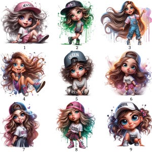 Op de afbeelding: Negen digitale illustraties van cartoonmeisjes met grote ogen en lang haar. Elk meisje draagt een hoed met tekst als "COOL" of "QUEEN" en een t-shirt. De meisjes staan in verschillende poses, met kleurrijke verfspattereffecten.