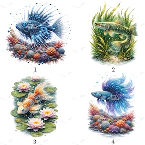 Può includere: Quattro illustrazioni digitali di vita acquatica. Un pesce blu con dettagli luminosi, un pesce verde in piante acquatiche, una carpa koi con ninfee e un pesce betta blu con coralli.