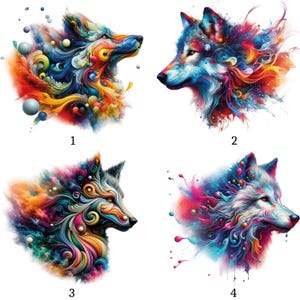 May include: Four vibrant wolf portraits. Each features a wolf's head rendered in a watercolour style, with a palette of blues, reds, yellows, and oranges. The images are set against a white backdrop, emphasising the detailed artwork.
