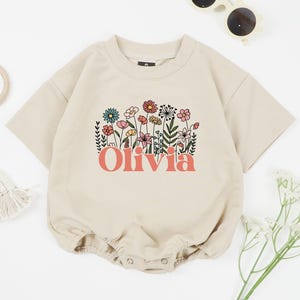 Personalized Floral Name Baby Romper, Custom Name Flower Bodysuit, Flower Lover Baby Outfit, Baby Girl Bodysuit, Summer Baby Girl Gift