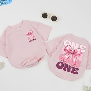 Personalized One Birthday Baby Romper, Custom Name Pink Bow Baby Bodysuit, First Birthday Girl Romper, Pink Coquette Bodysuit, Newborn Gift