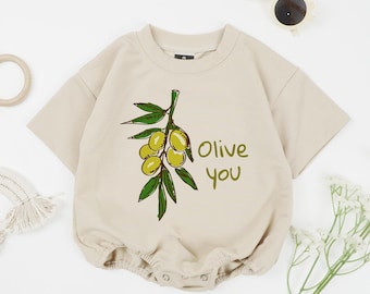 Cute Olive You Baby Romper, Loved Baby, Food Pun, Funny Baby Romper, Newborn Bodysuit, Cute Baby Shower Gift for Newborn, Fruit Baby Romper