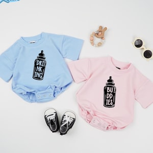 Drinking Buddies Twins Romper, Twin Baby Romper, Twins Matching Shirts, Cute Milk Drinking Bodysuit, Best Friend Baby Outfit, Twin Baby Gift