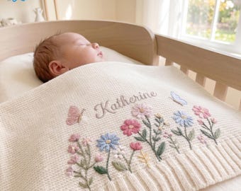 Embroidered Flower Cotton Blanket, Custom Name Baby Blanket, New Baby Gift, Baby Girl Birthday Keepsake, Floral Blanket, Baby Shower Gift