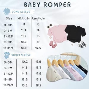 May include: Baby rompers in a range of colours, including sand, white, sport grey, light pink, light blue, and black. The image shows a size chart with measurements in inches for long and short sleeve rompers, from 0-3 months to 18-24 months.