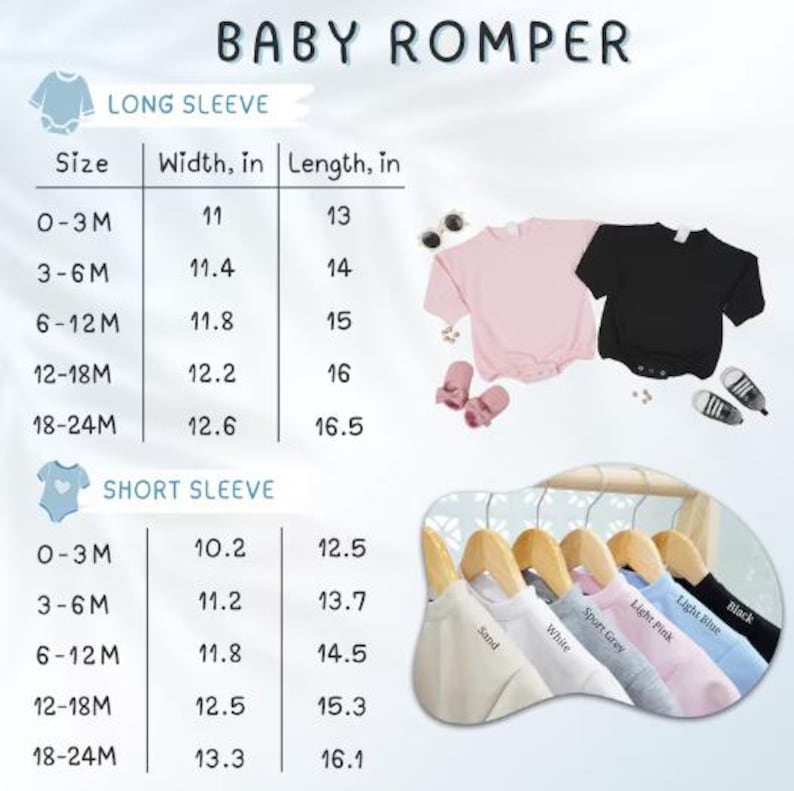 May include: Baby rompers in a range of colours, including sand, white, sport grey, light pink, light blue, and black. The image shows a size chart with measurements in inches for long and short sleeve rompers, from 0-3 months to 18-24 months.