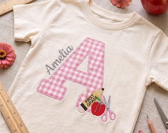 Embroidered Gingham Monogram Shirt, First Grade Kid Shirt, Back To School Shirt, First Day Of School Gift, 1st Grade Student T-Shirt