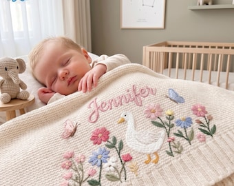 Embroidered Cute Goose Cotton Blanket, Custom Name Blanket, Flower Nursery Blanket, New Baby Gift, Girl Birthday Gift, Baby Shower Blanket