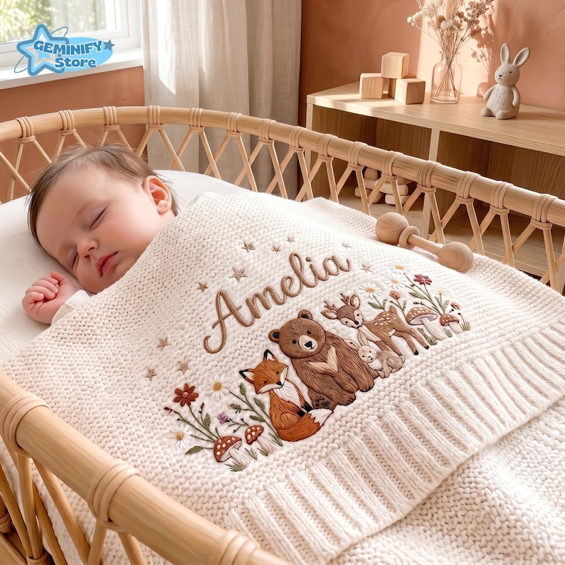 Pu&ograve; includere: Una coperta per neonati in maglia color crema con un ricamo raffigurante una volpe, un orso, un cervo e un coniglio circondati da fiori e funghi. Il nome Amelia &egrave; ricamato in corsivo marrone sopra gli animali, con piccole stelle decorative.