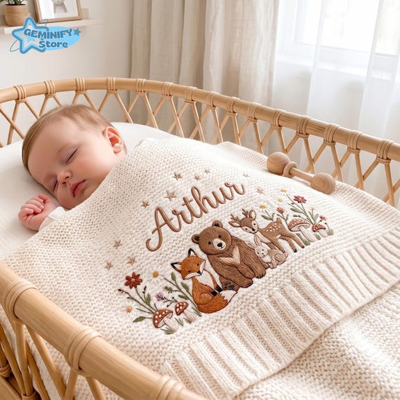 Embroidered Custom Animal Cotton Blanket, Woodland Blanket, Animal Lover Gift, Custom Baby Blanket, Cute Animal Blanket, Baby Reveal Gift