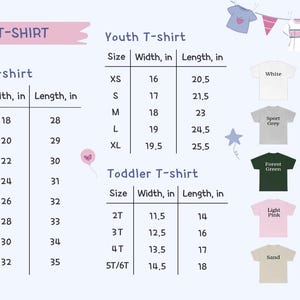 May include: A size chart for t-shirts, showing measurements in inches for adult, youth, and toddler sizes. The chart includes width and length dimensions. Various t-shirt colours are displayed, such as white, black, and pink.