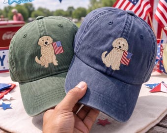 EMBROIDERED Custom Patriotic Dog Washes Hat, 4th Of July Baseball Hat, USA Flag Washed Hat, Dog Lover Gift, America Anniversary Caps
