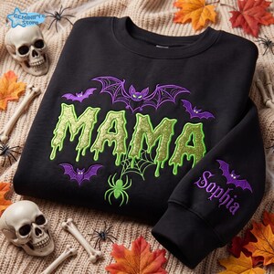 Embroidered Mama Halloween Glitter Shirt, Bat Sweatshirt, Custom Name Sweatshirt, Spooky Season Tee, Baby Reveal Shirt, Halloween Mom Shirt