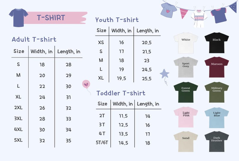 May include: A chart displaying t-shirt sizes for adults, youth, and toddlers. The adult sizes range from S to 5XL, with widths from 18 to 32 inches and lengths from 28 to 35 inches. Youth sizes range from XS to XL. Toddler sizes range from 2T to 5T/6T.