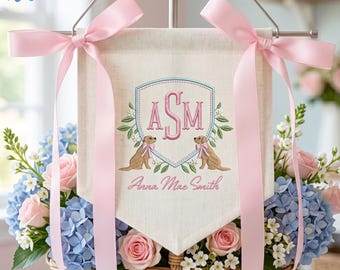 EMBROIDERED Personalized Cute Dog Baby  Banner, Custom Name Door Hanger, Newborn Baby Banner, Welcome Baby Gift, Hospital Name Sign