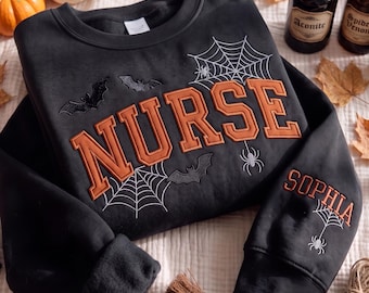 Embroidered Personalized Halloween Nurse Shirt, Custom Name Sweatshirt, Spooky Nurse Shirt, Nurse Halloween Gift, RN Spooky Season Shirt