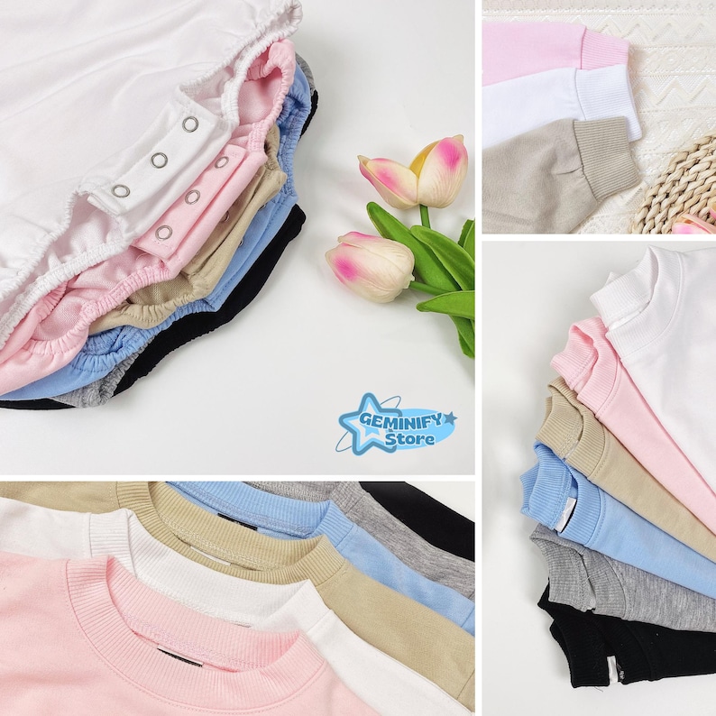 May include: A selection of baby clothes in shades of white, pink, blue, and black. The image shows folded onesies and crewneck sweatshirts. The Geminify Store logo is displayed in the image.