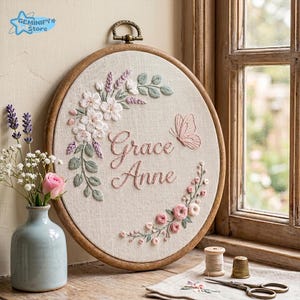 EMBROIDERED Personalized Floral Name Sign, Custom Butterfly Banner, Baby Girl Name Sign, Flower Baby Name Sign, Hospital Door Name Plate