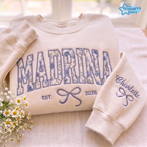 Embroidered Personalized Madrina Sweatshirt, Godmother Proposal Shirt, Custom Kid Name Shirt, New Baby Reveal Sweater, Gift From Godchild