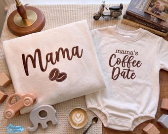 Embroidered Mama And Mama's Coffee Date Matching Shirt, Mommy and Me Matching Sweatshirt, Embroidery Coffee Date Outfit For Mom And Kids.