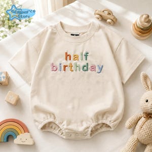 Embroidered Half Birthday Baby Romper, 6 Months Birthday Bodysuit, New Baby Outfit, Baby Shower Gift, Baby Reveal Shirt, First Birthday Gift