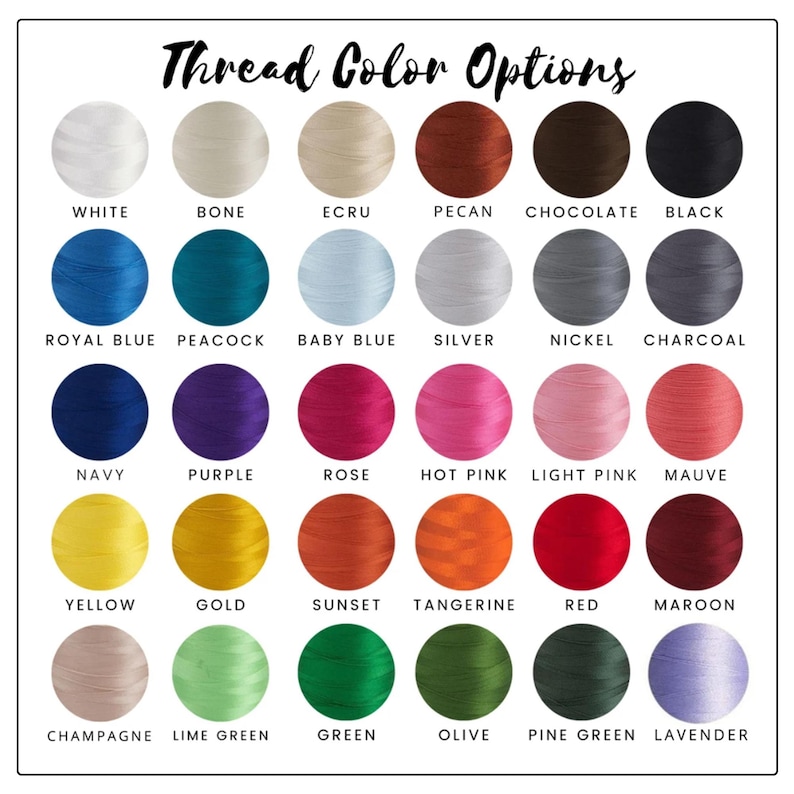 May include: A colour chart showing thread colour options. The image presents a grid of thread samples in various colours, including white, black, blue, green, and pink. Each colour is labelled with its name, such as "White," "Navy," and "Rose."