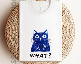 Funny Cat T-Shirt: Blue Cat Drinking Coffee, Trendy Streetwear