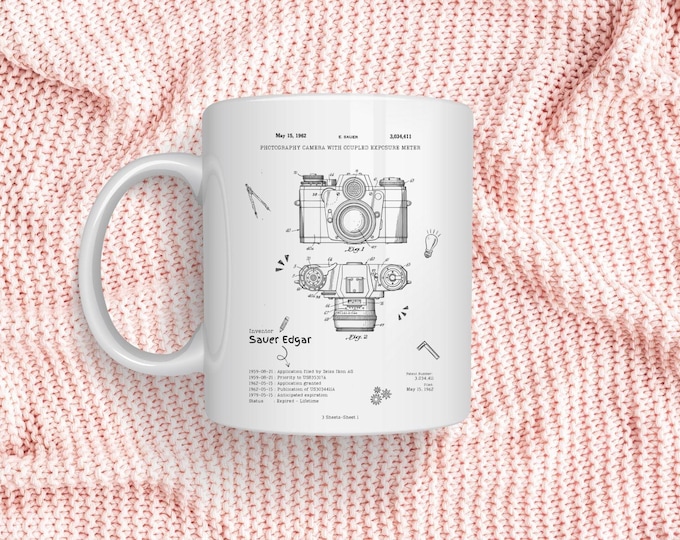 Photographer Mug, Camera Blueprint Art, Gift for Shutterbugs