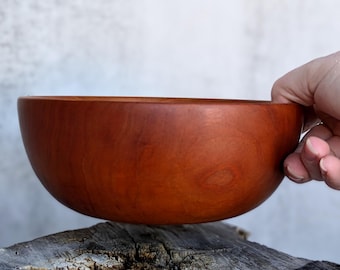 6.75" Cherry Wood Bowl, Wide, Rounded Edge, Deep Color, Handcrafted Wooden Serving Bowl