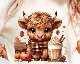 Fall Highland Cow PNG | Cute Autumn Cow with Scarf & Pumpkin Spice Latte | Highland Cow Sublimation Design for Shirts, Décor Cute Cow png
