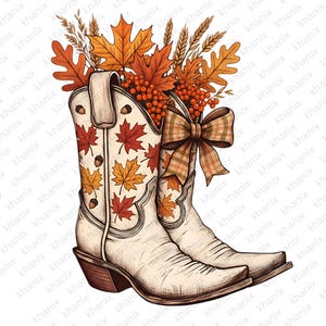 May include: Watercolor illustration of white cowboy boots decorated with autumn leaves and acorns. The boots are filled with fall foliage, berries, and a plaid bow, evoking a rustic, seasonal theme.