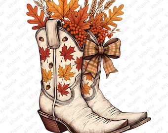 Fall Cowgirl Boots PNG, Autumn Western Clipart, Thanksgiving Sublimation Design, Rustic Country Digital Download for Shirts & Mugs