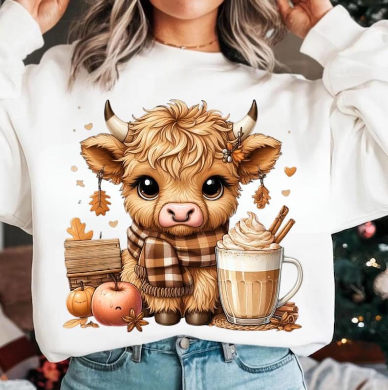 May include: White sweatshirt featuring a cartoon Highland cow with a plaid scarf, surrounded by autumn-themed illustrations. Includes a pumpkin, apple, and a coffee drink with whipped cream. The design has a cozy, fall aesthetic.