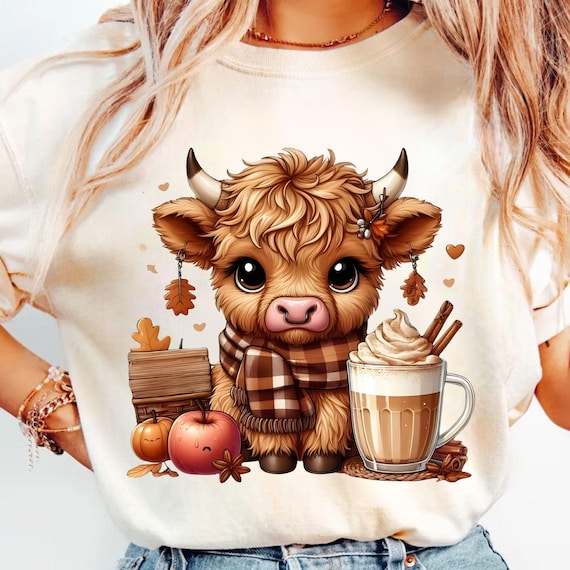 Fall Highland Cow PNG | Cute Autumn Cow with Scarf & Pumpkin Spice Latte | Highland Cow Sublimation Design for Shirts, Décor Cute Cow png