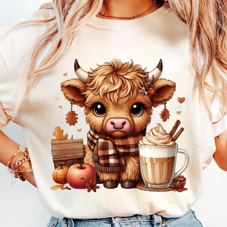 May include: A cream-colored t-shirt featuring a cartoon illustration of a Highland cow. The cow wears a plaid scarf and is surrounded by fall-themed elements, including a pumpkin, apple, and a cup of coffee with whipped cream.