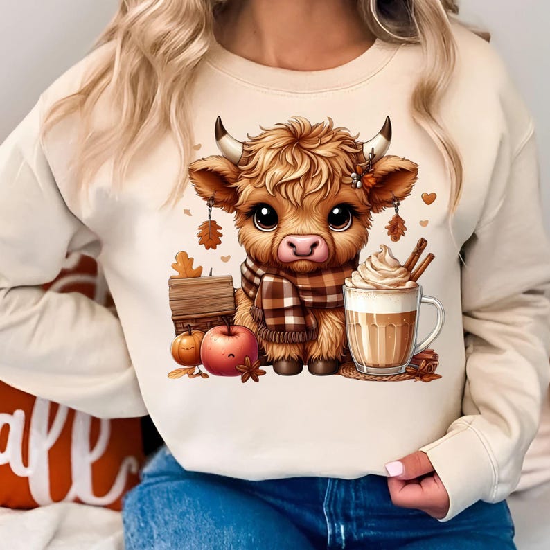 May include: Beige sweatshirt featuring a cartoon Highland cow wearing a plaid scarf, with a mug of latte, pumpkins, and fall leaves. The cow has large eyes and is surrounded by autumn-themed elements.