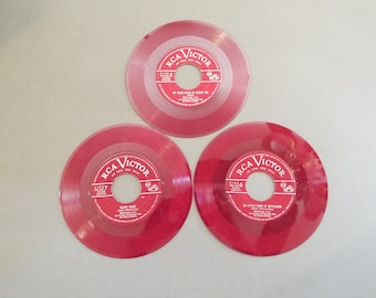 Lot of 3 RED COLORED 7" 45 rpm VINYL record, for crafts, decorations, repurposing, wax