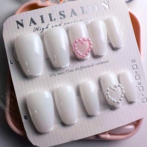 Milky White Press-On Nails: 3D Heart Charms, Short Coffin