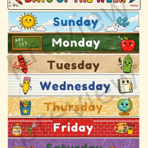 May include: Colorful educational poster featuring the days of the week. Each day is represented with a unique illustration, including a sun, apple, crayon, pencil, and globe. The title "DAYS OF THE WEEK" is at the top.