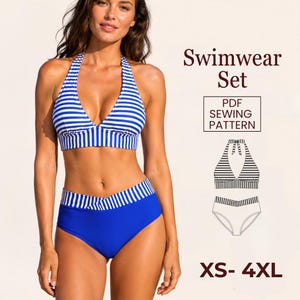 May include: A blue and white striped halter bikini top and high-waisted bottoms. The swimwear set includes a PDF sewing pattern and is available in sizes XS-4XL. The top and bottom have a contrasting blue and white striped design.