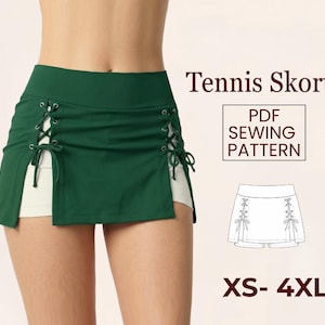 May include: Green tennis skort with white shorts underneath, featuring lace-up detailing on the sides. The image includes text that reads "Tennis Skorts", "PDF Sewing Pattern", and "XS-4XL".